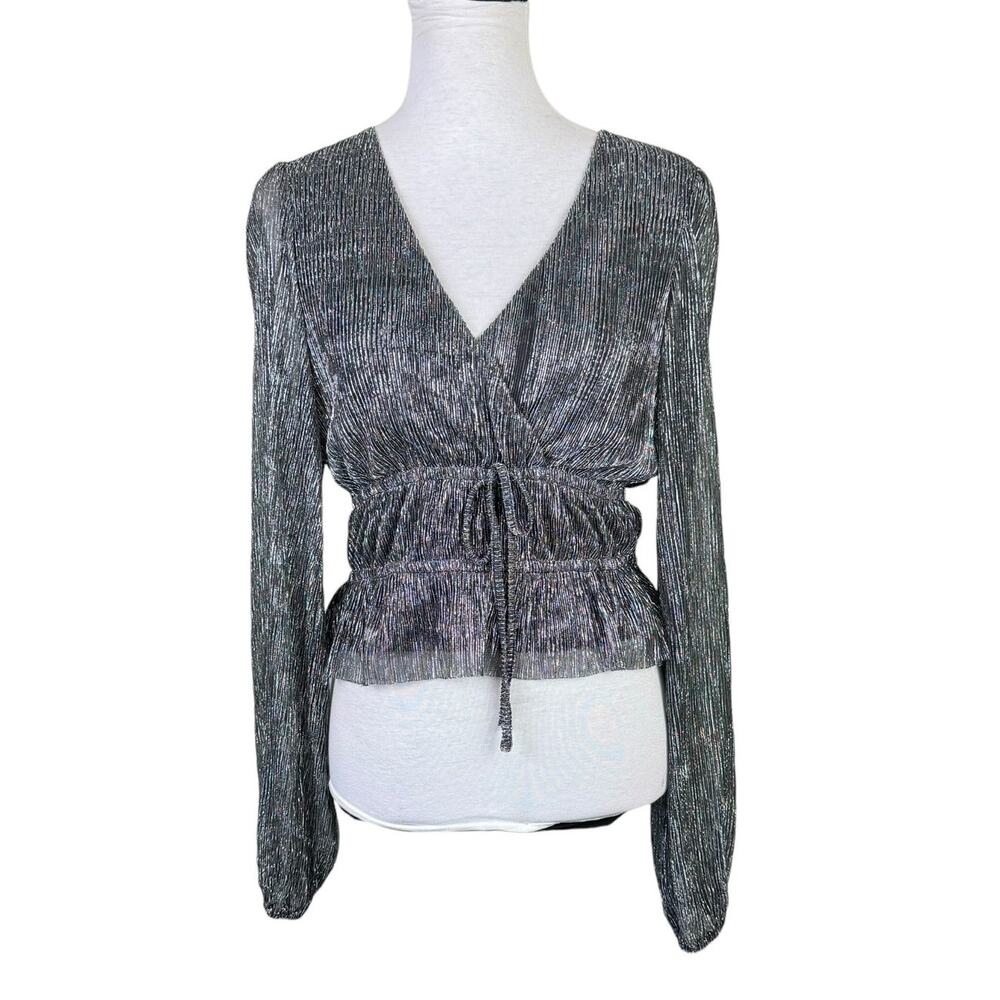 DO+BE Silver Shimmer Stripe Textured Gathered Long Balloon Sleeve Evening Top